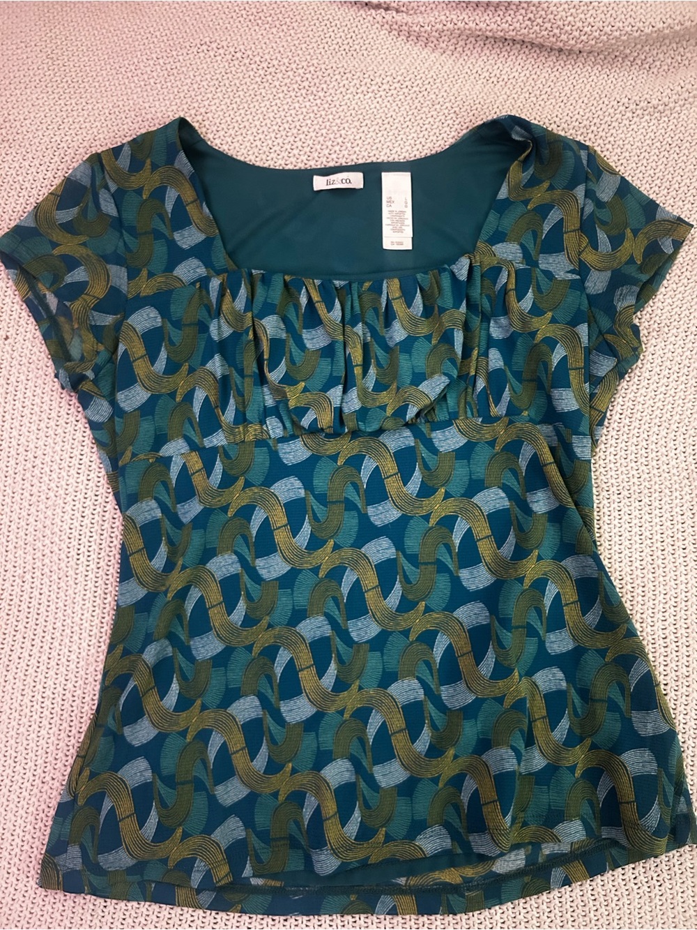 liz & co. Teal & Olive Geometric Ruffle-Front Cap Sleeve Top